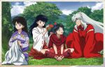  1boy 3girls :o ;p animal_ears black_hair border bow closed_mouth dog_ears eye_contact father_and_daughter hair_bow hair_brushing hakama han&#039;you_no_yashahime highres higurashi_kagome indian_style inuyasha inuyasha_(character) japanese_clothes kimono long_hair long_sleeves looking_at_another miko moroha mother_and_daughter multiple_girls one_eye_closed open_mouth ponytail red_bow red_hakama red_kimono ribbon-trimmed_sleeves ribbon_trim rin_(inuyasha) shiny shiny_hair silver_hair sitting straight_hair sweatdrop tongue tongue_out very_long_hair white_border white_kimono wide_sleeves 
