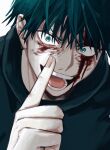  1boy bangs black_hair black_shirt blood blood_on_face blue_eyes fushiguro_megumi hair_between_eyes hand_up highres injury jujutsu_kaisen looking_at_viewer male_focus naka_no4 open_mouth shirt short_hair smile solo upper_body 