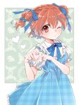  1girl arc_the_lad blush choko_(arc_the_lad) commentary dress flower hair_ribbon heart heart_hands izumi_kouyou looking_at_viewer one_eye_closed open_mouth protected_link red_eyes redhead ribbon short_hair short_twintails solo twintails 
