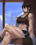  1girl abs black_hair blue_sky braid braided_ponytail clothes_pull clouds collar grey_eyes highres hunyan muscular muscular_female navel one_eye_closed original shirt_pull shorts sidelocks sky solo sports_bra sweat wooden_bench 