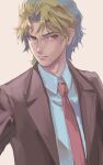  1boy blonde_hair child dio_brando formal frown highres jojo_no_kimyou_na_bouken male_focus muted_color natapy1 necktie phantom_blood red_eyes solo suit younger 