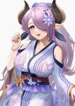  1girl absurdres blue_eyes breasts demon_horns draph granblue_fantasy hair_over_one_eye highres horns japanese_clothes kimono large_breasts light_purple_hair long_hair looking_at_viewer low_tied_hair narmaya_(granblue_fantasy) official_alternate_costume ponytail purple_hair solo user_sjpm2447 white_background white_kimono 
