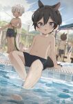  1girl 3boys absurdres bangs bare_legs bare_shoulders barefoot black_hair blue_eyes blue_sky clouds cloudy_sky commentary_request dark-skinned_male dark_skin day hair_between_eyes highres holding hose kemonomimi_mode looking_at_viewer male_focus male_swimwear mountainous_horizon multiple_boys navel nipples omurice_(roza4957) original outdoors pool poolside short_hair sitting sky swimsuit tail tongue water 
