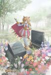  animal_ears bowing brown_hair cape crown crown_removed earrings fence field fingerless_gloves flower flower_field gloves grass highres horse_ears horse_girl horse_tail house jewelry noznoznoznoz one_eye_closed ring short_hair t.m._opera_o_(umamusume) tail thigh-highs tombstone tree umamusume violet_eyes zettai_ryouiki 