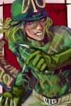  1boy argyle argyle_sweater blonde_hair blue_eyes claws diego_brando dinosaur_tail glasgow_smile green_lips green_shirt hat jojo_no_kimyou_na_bouken male_focus natapy1 scary_monsters_(stand) shirt slit_pupils solo stand_(jojo) steel_ball_run sweater tail turtleneck 