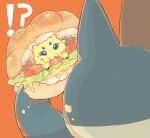  !? akadako animal_focus blue_eyes burger cheek_bulge cheese chewing closed_mouth commentary_request crumbs dated_commentary eating extra_eyes food food_bite food_on_face from_behind holding holding_food in_food joltik lettuce looking_at_another meat munchlax no_humans one-hour_drawing_challenge orange_background over_shoulder partial_commentary pokemon pokemon_(creature) sesame_seeds simple_background surprised tomato 