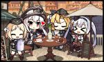  &gt;_&lt; 4girls bangs black_gloves blonde_hair cake cake_slice chair commentary cup cupcake eating eighth_note english_commentary flower food fork g43_(girls&#039;_frontline) garrison_cap girls_frontline gloves hat heart jacket kar98k_(girls&#039;_frontline) long_hair long_sleeves magazine_(object) menu_board mg42_(girls&#039;_frontline) military military_hat military_uniform mp40_(girls&#039;_frontline) multiple_girls musical_note necktie open_mouth outdoors parasol peaked_cap pleated_skirt red_eyes short_hair shorts silver_hair skirt spoken_heart spoken_musical_note sprite_art table teacup teapot the_mad_mimic town twintails umbrella uniform vase very_long_hair white_hair 