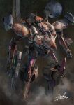 armored_core armored_core_3 clenched_hand extra_eyes glowing glowing_eyes gun highres holding holding_gun holding_weapon hukutuuprunes looking_ahead mecha pink_eyes rouge_(armored_core) science_fiction signature solo weapon 
