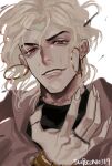  1boy blonde_hair bracelet claws dio_brando earrings fingernails highres hoop_earrings jewelry jojo_no_kimyou_na_bouken long_fingernails male_focus muted_color red_eyes scar scar_on_neck solo stardust_crusaders stitches supocon 
