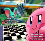  animal_ears artisyone blue_eyes blush_stickers board_game chess chess_piece chessboard eating_the_chess_pieces_(meme) elfilin english_commentary english_text escalator full_mouth kirby kirby_(series) kirby_and_the_forgotten_land looking_at_viewer mall meme mouse_ears smile table 