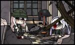  2girls bandage_over_one_eye bandaged_head bandages blood blood_on_face blood_splatter building bullet_hole can canned_food commentary corpse death dismemberment dresden eating empty_eyes english_commentary fork gewehr_43 girls_frontline grave gun hat headband kar98k_(girls&#039;_frontline) long_hair machine_gun mg42 mg42_(girls&#039;_frontline) military military_hat military_uniform mp40 multiple_girls rifle rubble ruins shaded_face silver_hair sprite_art submachine_gun tearing_up the_mad_mimic twintails uniform weapon wehrmacht window world_war_ii 