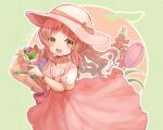  1girl bird bird_on_hand bouquet brown_eyes brown_hair dress eyebrows_visible_through_hair flower hat holding holding_bouquet kantai_collection long_hair official_alternate_costume orange_flower pink_dress pink_flower pink_headwear purple_flower red_flower short_sleeves solo thick_eyebrows wavy_hair wss_(nicoseiga19993411) yashiro_(kancolle) yellow_flower 