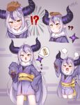  !? 1girl ? ?? absurdres ahoge angry braid demon_horns egasumi fur_collar headpat highres hololive horns japanese_clothes kimono la+_darknesss looking_at_viewer miko_no_kamiko multicolored_hair multiple_views obi open_mouth pointy_ears purple_background purple_hair purple_kimono sash signature silver_hair simple_background sleeves_past_fingers sleeves_past_wrists slit_pupils speech_bubble streaked_hair striped_horns virtual_youtuber yellow_eyes 