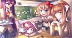  4girls :d bag bangs blue_eyes blue_skirt bow brown_hair chalkboard classroom commentary cup day doki_doki_literature_club english_commentary food green_eyes grey_jacket hair_between_eyes hair_bow hair_ornament hair_ribbon hairclip highres indoors jacket long_hair long_sleeves looking_at_viewer making-of_available monika_(doki_doki_literature_club) mouth_hold multiple_girls natsuki_(doki_doki_literature_club) open_mouth pink_eyes pink_hair pleated_skirt pocky ponytail purple_hair red_bow ribbon sayori_(doki_doki_literature_club) school_uniform short_hair sidelocks skirt smile steam steepled_fingers swept_bangs takuyarawr teacup tic-tac-toe tray two_side_up v violet_eyes white_ribbon yuri_(doki_doki_literature_club) 