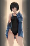  1girl absurdres amagami ass_visible_through_thighs black_eyes black_hair black_swimsuit blue_jacket bob_cut breasts contrapposto cowboy_shot highres jacket nanasaki_ai open_clothes open_jacket short_hair small_breasts solo standing swimsuit ykh1028 