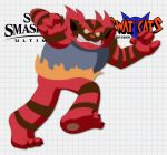  claws closed_mouth commentary copyright doc_shoddy english_commentary fire highres incineroar looking_at_viewer no_humans pokemon pokemon_(creature) solo standing standing_on_one_leg super_smash_bros. swat_kats teeth v-shaped_eyebrows white_background yellow_eyes 