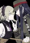  1boy 1girl apron bound chain danganronpa_(series) danganronpa_v3:_killing_harmony facing_another green_eyes hand_on_another&#039;s_chin hat lipstick long_hair looking_at_another maid maid_apron maid_headdress makeup rope shinguuji_korekiyo tied_up_(nonsexual) toujou_kirumi yellow_eyes 