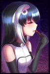  1girl african_penguin_(kemono_friends) black_gloves black_hair closed_eyes gloves highres hikarikmy kemono_friends kemono_friends_v_project long_hair makeup microphone multicolored_hair open_mouth shirt short_hair simple_background solo virtual_youtuber white_hair white_shirt 
