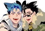  2boys absurdres animal_ears bespectacled black-framed_eyewear black_hair blue_hair contemporary cu_chulainn_(fate) cu_chulainn_(fate/stay_night) diarmuid_ua_duibhne_(lancer)_(fate) dog_ears earrings face fate/grand_order fate_(series) fi-n-ona glasses hair_strand heads_together highres hood hood_down hooded_jacket jacket jewelry kemonomimi_mode looking_at_viewer male_focus multiple_boys open_clothes open_jacket ponytail red_eyes selfie short_hair upper_body white_background 