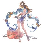  1girl arm_at_side arm_up blue_eyes blue_hair braid flower granblue_fantasy hair_flower hair_ornament hat leaning_forward long_hair lyria_(granblue_fantasy) minaba_hideo official_art open_mouth scrunchie shell_hair_ornament shoes sidelocks simple_background smile solo starfish_hair_ornament straw_hat swimsuit toeless_footwear transparent_background twin_braids very_long_hair wrist_scrunchie 