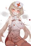  1girl at2. blood blood_on_clothes blood_on_face blush brown_hair fang fingerless_gloves garter_straps gloves grin hat highres long_hair nurse nurse_cap original parted_lips red_eyes smile solo teeth thigh-highs twintails v_over_mouth white_gloves white_legwear 