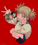  1girl asui_tsuyu bangs blonde_hair blue_sailor_collar blue_skirt blunt_bangs blush boku_no_hero_academia cardigan doll double_bun fangs holding holding_doll kneehighs looking_at_object messy_hair midoriya_izuku ohhhhhhtsu pleated_skirt red_background sailor_collar shoes sidelocks skirt slit_pupils smile socks squatting teeth toga_himiko twitter_username uraraka_ochako yellow_cardigan yellow_eyes 