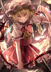  1girl absurdres ascot black_legwear blonde_hair breasts collared_shirt commentary crystal eyebrows_visible_through_hair feet_out_of_frame fire flandre_scarlet frilled_shirt_collar frilled_skirt frilled_sleeves frills hair_between_eyes hat hat_ribbon highres holding laevatein_(touhou) looking_at_viewer maboroshi_mochi medium_hair mob_cap nail_polish outdoors pantyhose puffy_short_sleeves puffy_sleeves red_nails red_ribbon red_skirt red_vest ribbon shirt short_sleeves skirt skirt_set small_breasts solo touhou v-shaped_eyebrows vest white_headwear white_shirt wings yellow_ascot 
