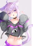 1girl ahoge animal_ears black_choker black_shirt cat_ears cat_girl cat_tail choker crop_top crop_top_overhang drawstring hands_up highres hololive long_sleeves looking_at_viewer midriff navel neco_meito nekomata_okayu open_mouth purple_hair shirt short_hair sleeves_past_fingers sleeves_past_wrists solo stomach tail upper_body violet_eyes virtual_youtuber 