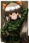 1girl animal_ear_fluff animal_ears closed_mouth fox_ears fox_girl fox_tail gloves highres hikarikmy island_fox_(kemono_friends) kemono_friends kemono_friends_v_project long_hair looking_at_viewer multicolored_hair shirt silver_hair simple_background smile solo tail virtual_youtuber 