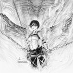  1girl absurdres breasts chest_belt dual_wielding feathered_wings feet_out_of_frame hair_strand highres holding holding_sword holding_weapon marvin_(omarvin) medium_breasts mikasa_ackerman monster ribs shingeki_no_kyojin short_hair solo steam sword weapon wings 