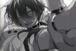  1boy absurdres bangs blurry blurry_foreground collar ensemble_stars! greyscale hair_between_eyes headset highres jacket jewelry kitsunekotori long_hair male_focus monochrome multiple_rings one-hour_drawing_challenge one_eye_closed ponytail ring shiina_niki simple_background solo sweat tongue tongue_out upper_body 