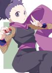  1girl 34_(sanjushi) breasts closed_mouth fishnets highres holding holding_poke_ball janine_(pokemon) japanese_clothes looking_at_viewer ninja poke_ball poke_ball_(basic) pokemon pokemon_(game) pokemon_hgss purple_hair scarf short_hair solo tied_hair violet_eyes 