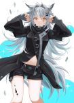  1girl :3 absurdres animal_ears arknights black_coat black_shorts blush breasts closed_mouth coat commentary eyebrows_visible_through_hair feet_out_of_frame fingerless_gloves gloves grey_gloves hair_between_eyes hair_intakes hair_ornament hairclip highres lappland_(arknights) long_hair long_sleeves looking_at_viewer medium_breasts midriff navel oripathy_lesion_(arknights) paw_pose scar scar_across_eye short_shorts shorts silver_hair simple_background slit_pupils smile solo sparkle standing tail thighs white_background wolf_ears wolf_girl wolf_tail yellow_eyes yuu_(yuu_yu) 