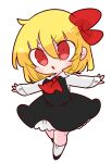  1girl :o ascot black_dress black_footwear blonde_hair collared_shirt dress hair_ribbon highres op_na_yarou outstretched_arms red_ascot red_eyes red_ribbon ribbon rumia shirt short_hair simple_background socks solo spread_arms touhou v-shaped_eyebrows white_background white_legwear white_shirt 