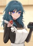  1girl absurdres alternate_costume apron bangs banned_artist black_sweater blue_eyes blue_hair breasts byleth_(fire_emblem) byleth_eisner_(female) commentary_request fire_emblem fire_emblem:_three_houses food hair_between_eyes hands_up highres holding holding_food indoors large_breasts long_hair long_sleeves looking_at_viewer ribbed_sweater shimizu_akina smile solo sweater upper_body white_apron 