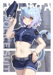  1girl ;3 absurdres ahoge alternate_costume animal_ear_fluff animal_ears artist_name atlanta_(warship_girls_r) bangs belt belt_pouch blue_hair blue_necktie blue_shirt blue_shorts blue_tail breast_pocket breasts cat_ears cat_tail character_name chinese_commentary closed_mouth collaboration collared_shirt commentary_request cowboy_shot crop_top cuffs eyebrows_visible_through_hair grey_belt groin hand_up handcuffs hat hat_removed headwear_removed highres holding holding_clothes holding_hat holster looking_at_viewer medium_breasts midriff navel necktie one_eye_closed outline pocket police police_badge police_hat police_uniform policewoman pouch shirt short_hair short_shorts short_sleeves shorts sidelocks small_breasts smile solo standing tail tail_ornament thick_eyebrows uniform warship_girls_r william.b yellow_eyes yukiri_(l_ii) 