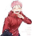  1boy :d ^_^ absurdres black_hair blush closed_eyes cowboy_shot dated facial_mark facing_viewer hand_up happy_birthday highres holding holding_clothes holding_jacket hood hood_down hoodie itadori_yuuji jacket jujutsu_kaisen long_sleeves male_focus mmm_jjtks open_mouth pink_hair red_hoodie short_hair simple_background smile solo standing tearing_up undercut white_background 