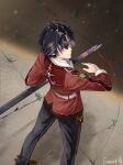  1boy ahoge artist_name black_hair cracked_floor eiyuu_densetsu froment grass highres holding holding_sword holding_weapon katana rean_schwarzer sen_no_kiseki signature solo sword tassel uniform violet_eyes weapon 