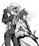  2girls alternate_costume animal_ears arknights bangs cigarette closed_mouth deatiose demon_girl demon_horns demon_tail gun halo highres holding holding_gun holding_weapon horns long_hair monochrome mostima_(arknights) multiple_girls ponytail tail texas_(arknights) weapon white_background wolf_ears wolf_girl 