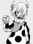  1girl acky_bright bangs collar cowboy_shot hair_over_face highres horns long_sleeves looking_to_the_side mecha_musume mechanical_arms mechanical_horns mechanical_parts monochrome one_eye_closed original pointing polka_dot puffy_sleeves short_hair solo white_background 