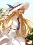  1girl :d bangs bare_arms bare_shoulders blonde_hair blue_eyes blue_necktie blue_ribbon chiizu_namasu commentary_request cowboy_shot dress fate/grand_order fate_(series) flag hair_between_eyes hair_ribbon hand_up hat highres holding holding_flag jeanne_d&#039;arc_(fate) long_hair looking_at_viewer necktie open_mouth ribbon sleeveless sleeveless_dress smile solo sun_hat very_long_hair white_dress white_headwear 