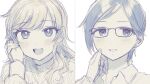  2girls :d aikawa_chinatsu bangs blush chiyoko_(tykchiyo) eyebrows_visible_through_hair glasses grin highres idolmaster idolmaster_cinderella_girls long_hair looking_at_viewer multiple_girls ohtsuki_yui open_mouth portrait sketch smile split_theme sweater teeth upper_teeth 