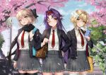  3girls ahoge alternate_costume bag black_jacket black_legwear black_scarf blazer blonde_hair bow cellphone cherry_blossoms crossover english_commentary falling_petals fate/grand_order fate_(series) flower genshin_impact grey_eyes grey_skirt hair_bow hair_flower hair_ornament hand_on_hip handbag headband highres holding holding_phone jacket lumine_(genshin_impact) miniskirt multiple_girls necktie okita_souji_(fate) one_eye_closed orange_eyes outdoors petals phone pleated_skirt pointy_ears purple_hair red_headband red_necktie ryuuneart scarf school_uniform short_hair short_hair_with_long_locks skirt smartphone sword_art_online thigh-highs tongue tongue_out uniform white_legwear yellow_eyes yuuki_(sao) zettai_ryouiki 