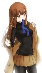  1girl black_legwear black_sweater breasts brown_coat brown_eyes brown_hair brown_skirt coat code_none cowboy_shot fate/extra fate_(series) highres kishinami_hakuno_(female) long_hair long_sleeves medium_breasts miniskirt mouth_hold open_clothes open_coat pantyhose pleated_skirt ribbon ribbon_in_mouth shiny shiny_hair simple_background skirt solo standing straight_hair sweater undressing white_background 