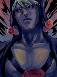  1boy bare_pectorals black_sclera colored_sclera grey_hair hat hat_bobbles highres jojo_no_kimyou_na_bouken male_focus natapy1 pectorals red_eyes risotto_nero silver_hair solo vento_aureo 