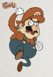  black_eyes brown_hair clenched_hands commentary copyright_name doc_shoddy english_commentary facial_hair full_body gloves grey_background hand_up hat highres long_sleeves looking_at_viewer mario mature_male mustache open_mouth red_headwear red_shirt shirt super_mario_bros. teeth the_marvelous_misadventures_of_flapjack tongue toon_(style) v-shaped_eyebrows white_gloves 