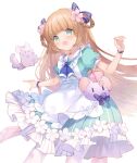  1girl bag braid brown_hair dress eyebrows_visible_through_hair flower green_eyes hair_flower hair_ornament indie_virtual_youtuber long_hair looking_at_viewer mochicomame mouse open_mouth shinia virtual_youtuber white_legwear 