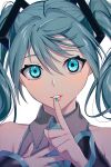  1girl bare_shoulders blue_eyes blue_hair commentary_request detached_sleeves eyebrows_visible_through_hair hair_between_eyes hatsune_miku highres ikura_(user_uuyj7743) long_sleeves necktie parted_lips simple_background solo teeth twintails vocaloid white_background 