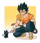  1boy 1other absurdres all_fours bangs cat dougi dragon_ball earrings feeding food fusion gloves highres holding holding_food jewelry kneeling looking_at_another looking_at_food monkey_tail muscular muscular_male pants potara_earrings relio_db318 short_hair short_sleeves simple_background spiky_hair tail tama_(dragon_ball) translation_request vegetto white_footwear white_gloves 