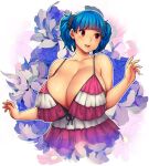  1girl bare_shoulders blue_hair breasts dress english_commentary erkaz floral_print flower highres huge_breasts medium_hair open_hands open_mouth original rina_atherina striped striped_dress upper_body veiny_breasts white_background 